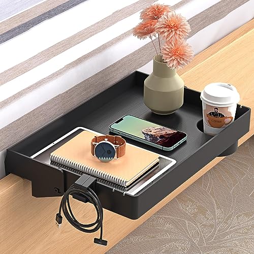 Bedside Shelf for Bed  College Dorm Room Clip On Nightstand with Cup Holder & Cord Holder -Tray Table Caddy for Students  Bunk Bed Shelf for Organizer Top for Bedroom (BlackPlastic)