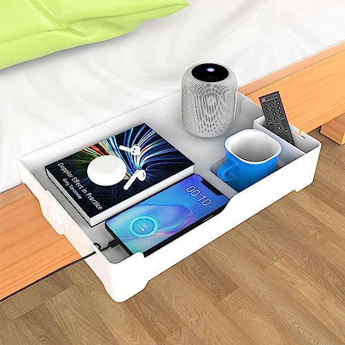 JUMEIHUI Folding Bedside Shelf for Bed College Dorm,Bunk Bed Shelf for Top Bunk,Bed Shelf Organizer with Cup Holder,Bed Accessories,Bedside Organizer for Phones,Kindle,Book,Remote,CPAP(White)