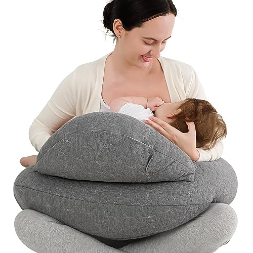 Yoofoss Nursing Pillow for Breastfeeding, Plus Size Bamboo Fiber Breastfeeding Pillows, Breast Feeding Pillows for Mom and Baby with Adjustable Waist Strap, Removable Cover, Grey