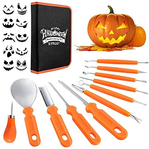 Bifrost Halloween Pumpkin Carving Kit - 22 Pcs Stainless Steel Pumpkin Carving Knife Sets with Stencils & Storage Bucket for Halloween