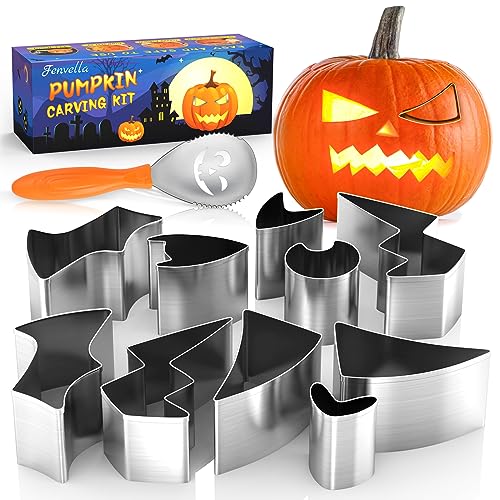 Fenvella Pumpkin Carving Kit for Kids- Safe Pumpkin Carving Tools Heavy Duty Stainless Steel Pumpkin Carver Set, Halloween Pumpkin Carving Stencils, Professional Carving Kit for Adults (11 PCS)