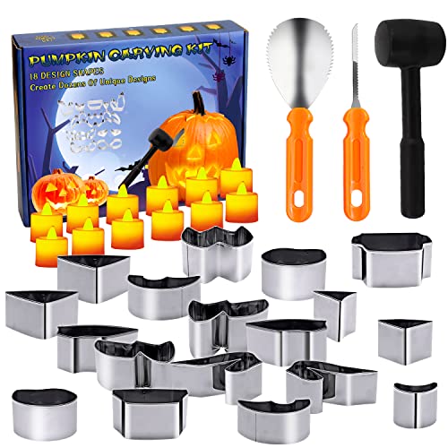 ButyHome 33 PCS Pumpkin Carving Kit, Stainless Steel Pumpkin Carving Tools with Hammer DIY Stencils Pumpkin Carver Kit Carving Set for Halloween Decoration Safe for Kids Adults with 12 Candle Lights