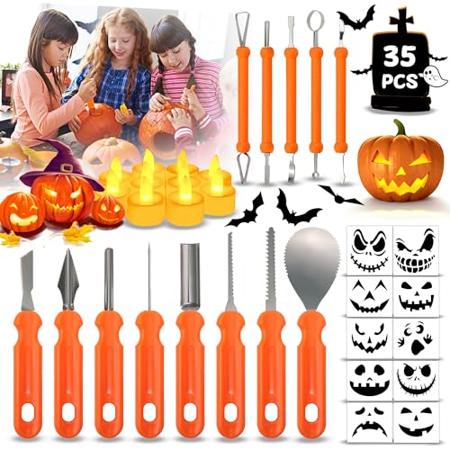 35pcs Pumpkin Carving Kit for Kids & Adult- Professional Stainless Steel Pumpkin Carving Tools & Stencil& Candles for Halloween Decoration Jack O Lantern Pumpkin-Halloween Pumpkin Decorating Kit Gift