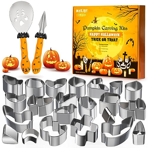 MEILIDY Halloween Pumpkin Carving Kit, 24 Pcs Easy & Safe DIY Metal Pumpkin Carving Stencils Stainless Steel Pumpkin Carving Tools Set Carving Cutters Kit for Adults and Kids