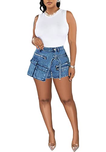 LETSVDO Denim Skorts for Women Short Irregular Asymmetrical Bodycon Sexy Low Rise Ripped Jean Mini Shorts Trendy 2023 Blue