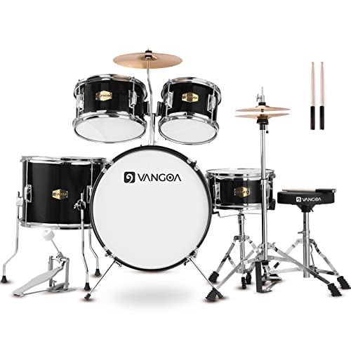 Kids Drum Set, 5 Piece Junior Drum Set for Beginner, 16 Inch Drum Set for Student Children Teens Starter Kits with Adjustable Throne Cymbal Pedal Drumsticks Black, by Vangoa