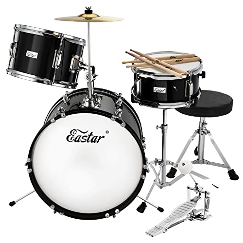 Kids Drum Set - 16 inch 3-Piece Junior Drum Kit for Starter Beginners Ages 3-8, Including Throne, Cymbal, Pedal & Drumsticks, Mirror Black (EDS-285B)