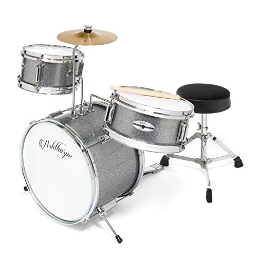 Ashthorpe 3-Piece Complete Junior Drum Set - Beginner Kit with 14" Bass, Adjustable Throne, Cymbal, Pedal & Drumsticks - Silver