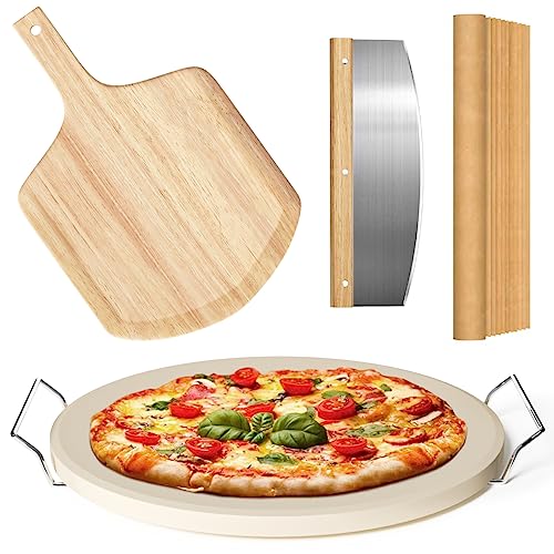 5 PCS Round Pizza Stone Set, 13" Pizza Stone for Oven and Grill with Pizza Peel(OAK),Serving Rack, Pizza Cutter & 10pcs Cooking Paper for Free, Baking Stone for Pizza, Bread