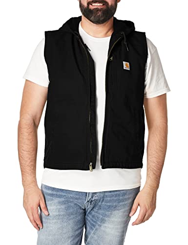 Carhartt Men's Relaxed Fit Washed Duck Fleece-Lined Hooded Vest, Black, Large