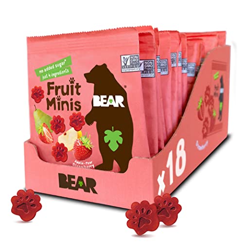 BEAR Real Fruit Snack Minis, Strawberry  (Pack of 18)  Bite Sized Snacks for Kids, Gluten Free, Vegan, Non GMO, 0.7 Oz