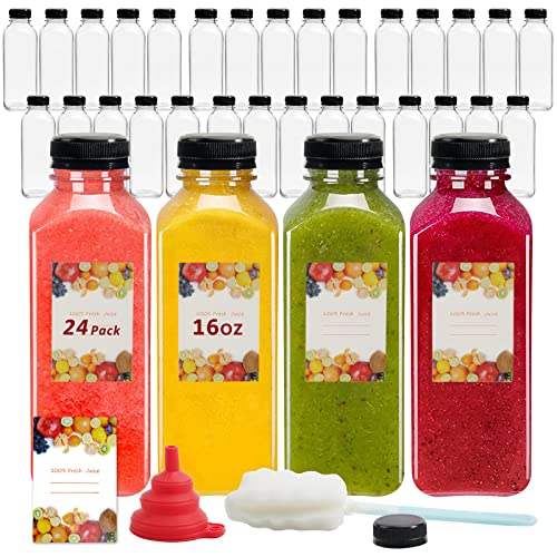 YULEER 24pcs 16oz Plastic Bottles with Caps, Take Out Bottles with Lids for Bottles, Clear Juice Bottles Bulk Containers for Smoothie, Drinking, and Other Beverages