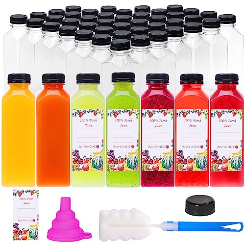 Moretoes 64pcs 16oz Plastic Juice Bottles with Caps Mini Empty Reusable Clear Water Containers with Tamper Proof Lids Black for Milk Juice Smoothies and Other Beverages