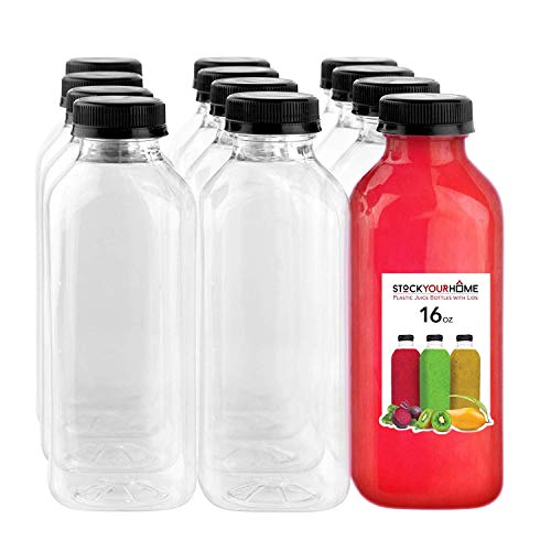 Empty Plastic Juice Bottles Bulk with Caps for Juicing & Smoothies, Reusable Clear , 16 Ounce Drink Containers for Mini Fridge, Juicer Shots, Small 16 oz (12 Pack)