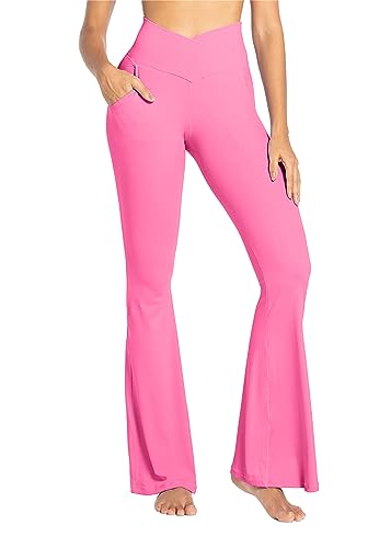 Sunzel Flare Leggings for Women with Pockets, Crossover Yoga Pants with Tummy Control, High Waisted and Wide Leg 32" Inseam Bubble Pink Medium
