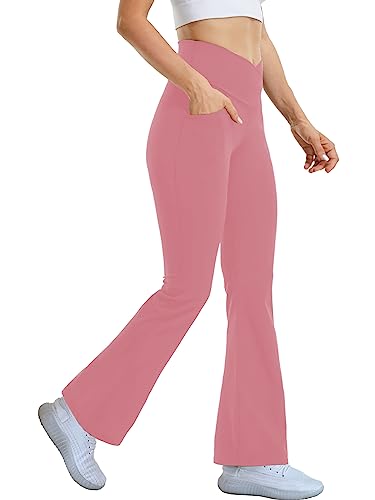 Cicendy Flare Yoga Pants with Pockets for Women,High Waisted V Crossover Bootcut Yoga Leggings Stretchy Casual Workout Pants Pink