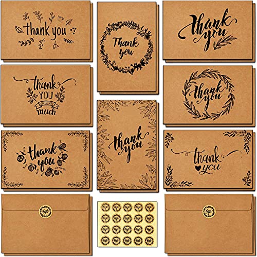 Ohuhu Bulk 104 Thank You Cards Brown Kraft 4x6 Thank You Notes with Self-Seal Envelopes and Stickers - Elegant 8 Design Greeting Card for Wedding Shower Business Graduation Birthday