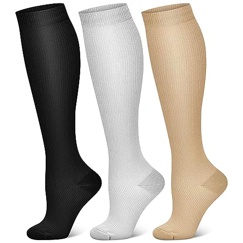 QUXIANG 3 Pairs Compression Socks for Women & Men Blood Circulation 15-20 mmHg Knee High is Best for Athletics Cycling Hiking Flight Travel Pregnancy (L/XL, Multi 04)