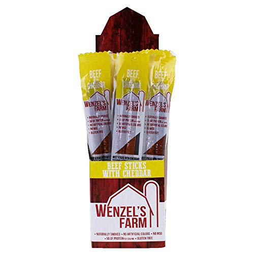 Wenzels Farm Beef with Cheddar Sticks Made in the USA Snack Sticks  Flavorful, Naturally Smoked  High Protein, Low Carb  No MSG, Fillers, Binders, Artificial Colors  Gluten Free | 32 Sticks (16 Packs of 2)