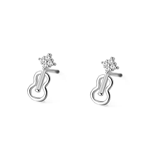 Cute CZ Hollow Violin Tiny Small Stud Earrings for Women Teen Girls Cartilage Tragus Sensitive Ear S925 Sterling Silver Mini Piercing Post Personalized Fashion Jewelry Hypoallergenic Minimalist Gifts Daughter Birthday Bff