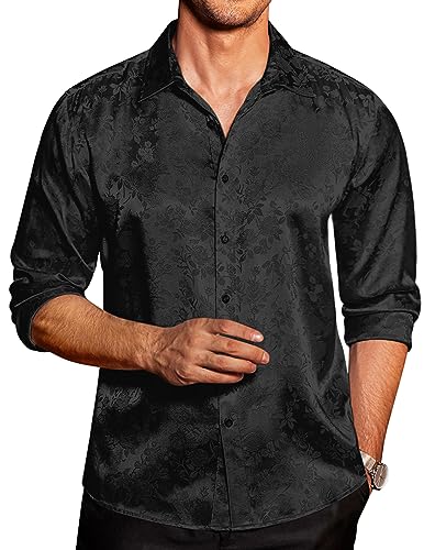 COOFANDY Mens Floral Rose Printed Long Sleeve Dress Shirts Prom Wedding Party Button Down Shirts,Black Small