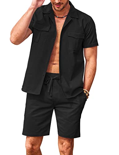 COOFANDY Men's Linen Shirt and Shorts Sets 2 Piece Outfits Summer Casual Hippie Beach Yoga Pants Set