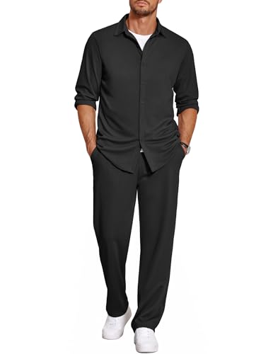 COOFANDY Men's Long Sleeve No Tuck Dress Wrinkle Free Shirts Sweatsuits outfits sets Black