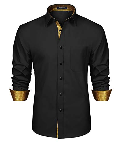 HISDERN Mens Black Dress Shirts Long Sleeve Casual Formal Button Down Shirt for Men Black Gold Plaid Inner Contrast Button Up Club Shirt