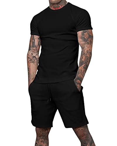 Uni Clau Mens Short Sets 2 Piece Outfits Fashion Summer Tracksuits Casual Shirt and Shorts Set Black XL