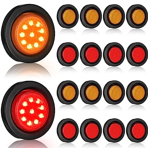 Treela 16 Pcs 2 Inch LED Marker Lights Waterproof Sealed 10 LEDs Round Trailer Light with Rubber Flush Mount Grommet 2 Prong Wire Pigtails for RV Truck Semi Trailer Side Tail Lights, Red and Amber