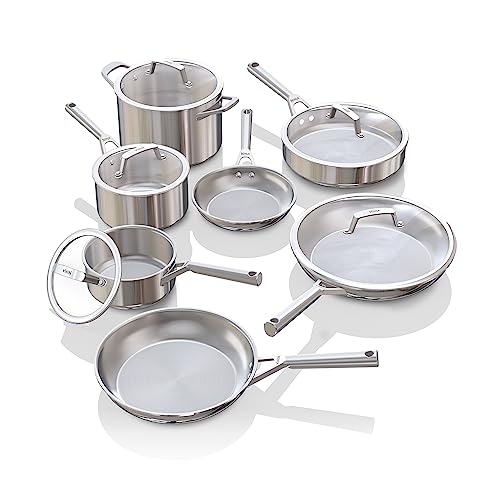 Ninja C99012 EverClad Commercial-Grade Stainless Steel Cookware Set, Tri-Ply Pots And Pans, Oven Safe to 600F, PFAS Safe, All Stovetops & Induction Compatible, Stainless, 10.25", 12-Piece