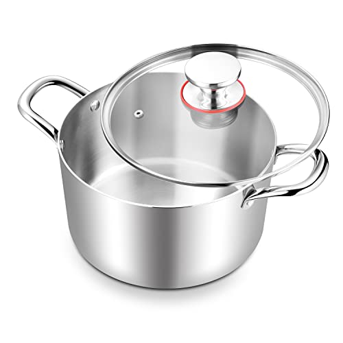 TeamFar 6 Quart Stock Pot, Stainless Steel Tri-Ply Cooking Pasta Pot with Tempered Glass Lid for Induction/Electric/Gas/Ceramic, Healthy & Durable, Double Riveted Handles & Dishwasher Safe