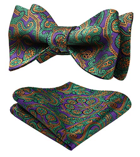 SetSense Men's Paisley Jacquard Wedding Party Self Bow Tie Pocket Square Set,L214 Green / Purple,One Size