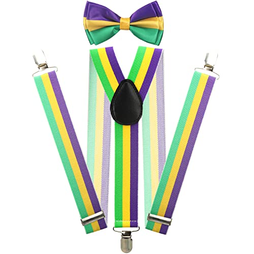 Mardi Gras Suspenders and Bow Tie Set for Men Cosplay Accessories, Clip On Y Shape (MIX-001)