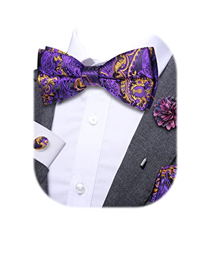 Dubulle Mens Purple Bowtie and Lapel Pin Flower Set Pre Tied Bowtie and Handkercheif Cufflinks Set for Men
