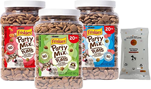 Aurora Pet Variety Pack (3) Friskies Party Mix Natural YUMS Cat Treats (Salmon, Tuna and Catnip) 20-oz Each with AuroraPet Wipes