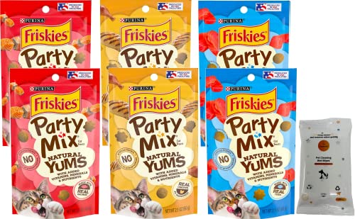 Aurora Pet Variety Pack (6) Friskies Party Mix Natural YUMS Cat Treats (2) Real Chicken (2) Real Salmon (2) Real Tuna with AuroraPet Wipes