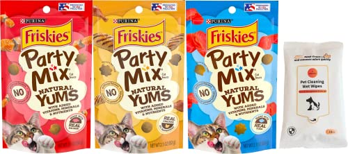 Aurora Pet Variety Pack (3) Friskies Party Mix Natural YUMS Cat Treats (1) Real Chicken (1) Real Salmon (1) Real Tuna with AuroraPet Wipes
