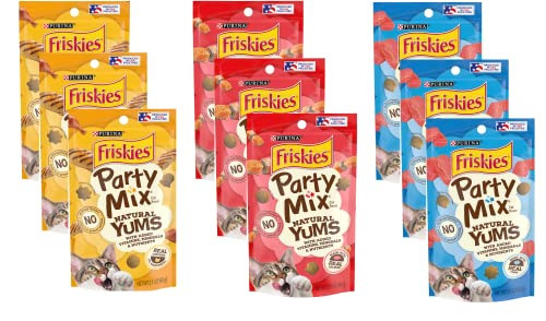 (9 Pack) Friskie-Party Mix Natural YUMS with Real Variety Packs(3 Tuna, 3 Salmon,3 Chicken) Cat Treats 2,1 oz 60 gr