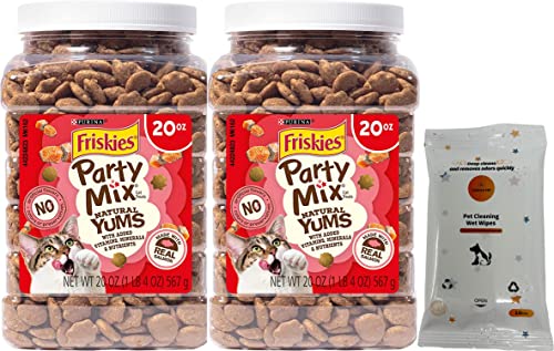 Aurora Pet Bundle Pack (2) Friskies Party Mix Natural YUMS Real Salmon Flavor Crunchy Cat Treats (20-oz Each) with AuroraPet Wipes