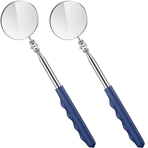 Copkim 2 Pieces Telescoping Auto Inspection Mirror 29 Inch Round Extension Mirror Stainless Steel Inspection Tool with Long Handle for Technicians Mechanics Contractors Checking Observation (Blue)