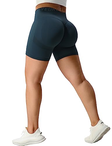 YEOREO Women High Waist Workout Yoga Gym Smile Contour Seamless Cycling Shorts Navy S