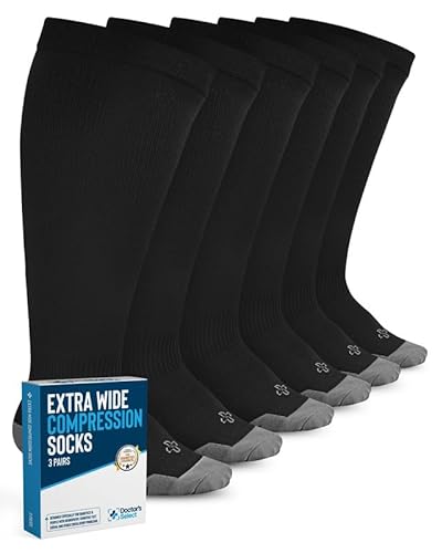 Doctor's Select Plus Size Compression Socks Wide Calf - 3 Pairs | Up to 6XL | 20-30mmHg | Black | Compression Socks for Women Wide Calf | Extra Wide Calf Compression Socks Women