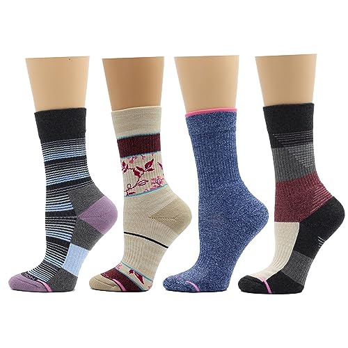 Dr. Motion Women Outdoor Hiking Walking Compression Crew Socks With Enhanced Cushion And Breathable Arch Support 4 Pairs (Multi #2)