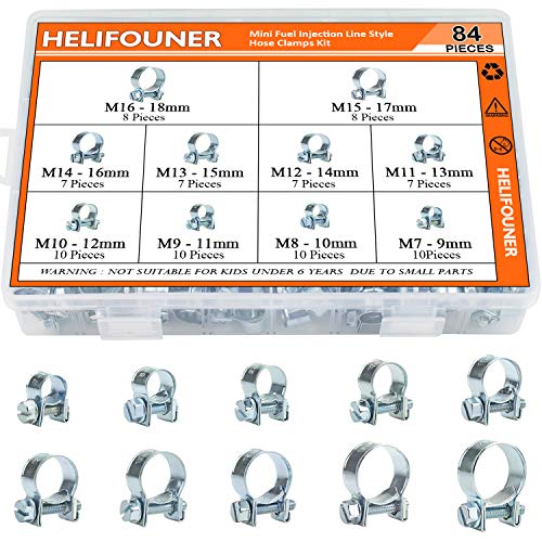 HELIFOUNER 84 Pieces 10 Sizes Mini Fuel Injection Style Hose Clamps, Zinc Plated Adjustable Pipe Hose Clip Tube Clamps