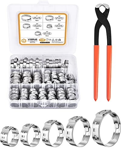 VIGRUE 304 Stainless Steel Single Ear Hose Clamps with Pincer, 105PCS 3/8'' to 1'' Stepless Hose Clamps with Pipe Clamp Tool, Pex Cinch Clamps Rings Tool Assortment Kit