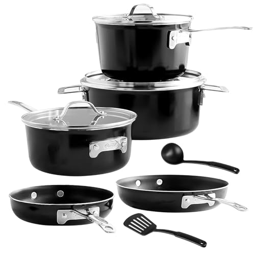 Gotham Steel 10 Pc Pots and Pans Set Nonstick Cookware Set, Kitchen Cookware Sets, Pot and Pan Set, Pot Set, Space Saving Pots and Pans Set with Lids, Induction Cookware Set, Dishwasher Safe, Black