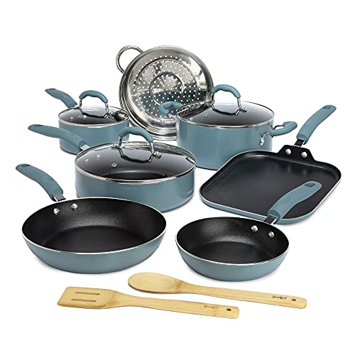 Goodful Premium Nonstick Pots and Pans Set, Diamond Reinforced Non-Stick Coating, Made Without PFOA, Dishwasher Safe, 12-Piece, Turquoise