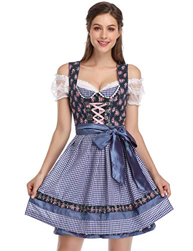 GloryStar Women's German Dirndl Dress Costumes for Bavarian Oktoberfest Carnival Halloween (L, 19-Blue)