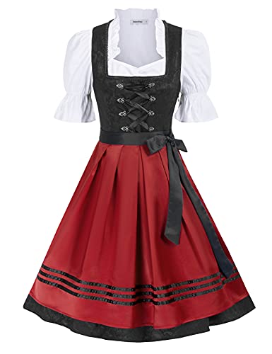 JASAMBAC Oktoberfest Costumes for Women Authentic Bavarian Dirndl Dress 3-pieces with Apron and Blouse Black-red S